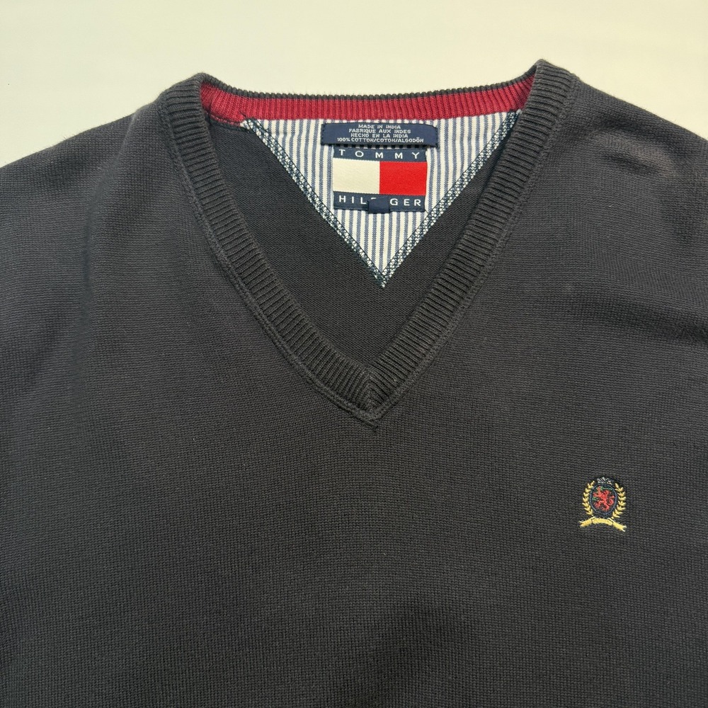Tommy Hilfiger Sweater Vest Mens XL Blue V Neck Cotton Logo Knit Pullover READ - Picture 3 of 7
